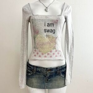 i am swag lace trim long sleeve crop y2k ironic graphic top